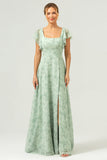 Dusty Sage Floral Printed A-Line Bridesmaid Dress with Slit