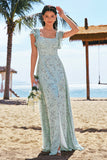 Grey Green A-Line Floral Printed Bridesmaid Dress with Ruffle Sleeves