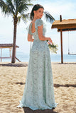 Grey Green A-Line Floral Printed Bridesmaid Dress with Ruffle Sleeves