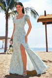 Grey Green A-Line Floral Printed Bridesmaid Dress with Ruffle Sleeves