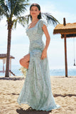 Grey Green A-Line Floral Printed Bridesmaid Dress with Ruffle Sleeves