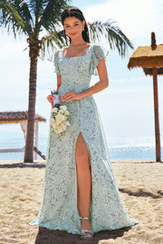 Grey Green A-Line Floral Printed Bridesmaid Dress with Ruffle Sleeves