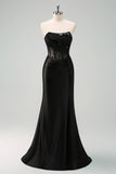 Black Strapless Mermaid Satin Prom Dress with Slit