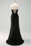 Black Strapless Mermaid Satin Prom Dress with Slit