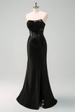 Black Strapless Mermaid Satin Prom Dress with Slit