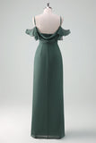 Eucalyptus Off the Shoulder Sheath Long Chiffon Bridesmaid Dress