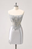 Silver Strapless Sequins Corset Tight Short Prom Dress with Applique