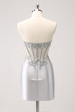 Silver Strapless Sequins Corset Tight Short Prom Dress with Applique