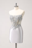 Silver Strapless Sequins Corset Tight Short Prom Dress with Applique