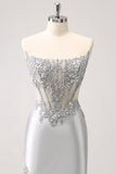 Silver Strapless Sequins Corset Tight Short Prom Dress with Applique