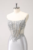 Silver Strapless Sequins Corset Tight Short Prom Dress with Applique