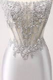 Silver Strapless Sequins Corset Tight Short Prom Dress with Applique