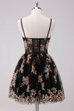 Sparkly Black A-Line Floral Short Prom Dress