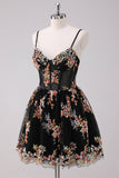 Sparkly Black A-Line Floral Short Prom Dress