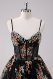 Sparkly Black A-Line Floral Short Prom Dress