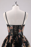 Sparkly Black A-Line Floral Short Prom Dress