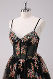 Sparkly Black A-Line Floral Short Prom Dress