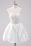 White A-Line Strapless Corset Boning Short Satin Prom Dress