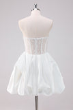 White A-Line Strapless Corset Boning Short Satin Prom Dress