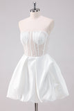 White A-Line Strapless Corset Boning Short Satin Prom Dress