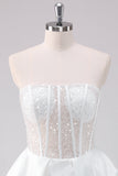 White A-Line Strapless Corset Boning Short Satin Prom Dress