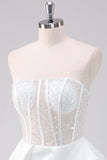 White A-Line Strapless Corset Boning Short Satin Prom Dress