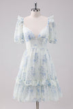 Light Blue V-neck Floral Short Chiffon Prom Dress with Short Sleeves