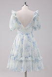 Light Blue V-neck Floral Short Chiffon Prom Dress with Short Sleeves