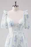 Light Blue V-neck Floral Short Chiffon Prom Dress with Short Sleeves