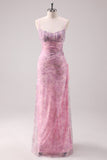 Pink Floral Spaghetti Straps Sheath Long Prom Dress