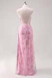 Pink Floral Spaghetti Straps Sheath Long Prom Dress