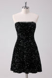 Cute Black A-Line Strapless Sequins Short Prom Dress