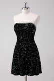 Cute Black A-Line Strapless Sequins Short Prom Dress