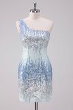 Sparkly Light Blue One Shoulder Sequins Bodycon Short Prom Dress