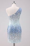 Sparkly Light Blue One Shoulder Sequins Bodycon Short Prom Dress