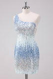 Sparkly Light Blue One Shoulder Sequins Bodycon Short Prom Dress