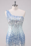 Sparkly Light Blue One Shoulder Sequins Bodycon Short Prom Dress