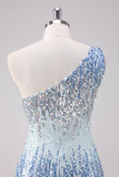 Sparkly Light Blue One Shoulder Sequins Bodycon Short Prom Dress