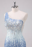 Sparkly Light Blue One Shoulder Sequins Bodycon Short Prom Dress