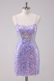 Purple Bodycon Spaghetti Straps Sequins Short Prom Dress with Lace Up Back