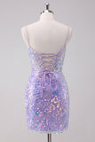 Purple Bodycon Spaghetti Straps Sequins Short Prom Dress with Lace Up Back