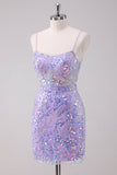 Purple Bodycon Spaghetti Straps Sequins Short Prom Dress with Lace Up Back