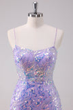 Purple Bodycon Spaghetti Straps Sequins Short Prom Dress with Lace Up Back