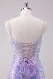 Purple Bodycon Spaghetti Straps Sequins Short Prom Dress with Lace Up Back