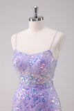 Purple Bodycon Spaghetti Straps Sequins Short Prom Dress with Lace Up Back