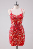 Glitter Red Spaghetti Straps Sequined Bodycon Short Prom Dress