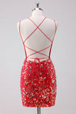 Glitter Red Spaghetti Straps Sequined Bodycon Short Prom Dress