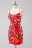 Glitter Red Spaghetti Straps Sequined Bodycon Short Prom Dress