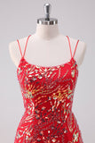 Glitter Red Spaghetti Straps Sequined Bodycon Short Prom Dress