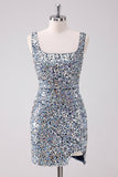 Sparkly Silver Square Neck Bodycon Short Prom Dress with Slit